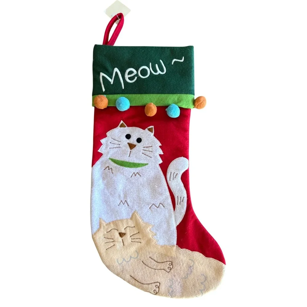 Jo-Ann Stores Cat Pet Christmas Stocking Meow Felt Applique Pom Poms Red Green‎